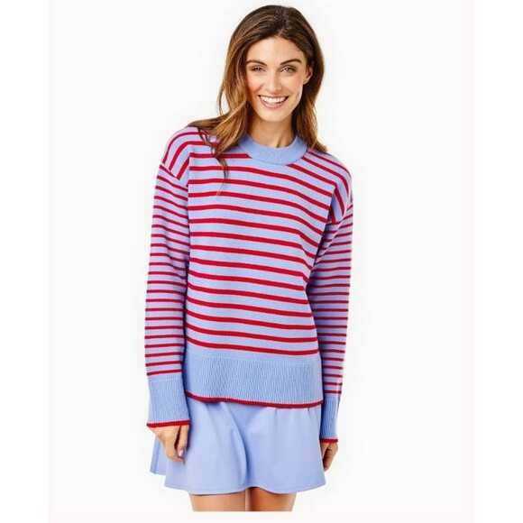 Addison Bay Knit Carlyle Crewneck Sweater Violet/Cherry Stripe Small NWT - Picture 9 of 13